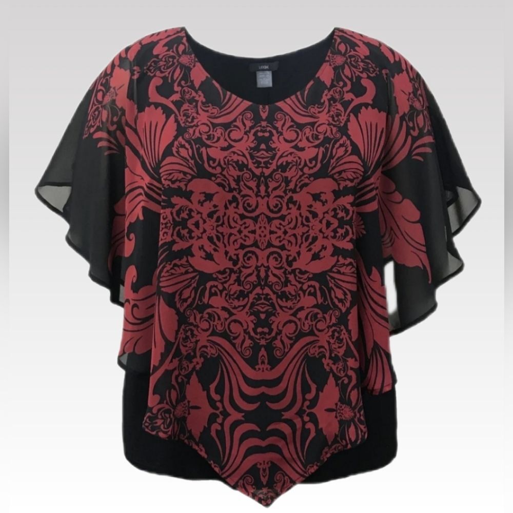 Butterfly Sleeve Top 2X Red & Black Sheer Flutter Fully Lined Scarf Print Blouse